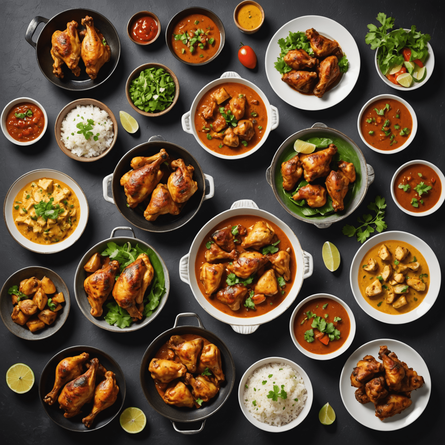 A selection of delicious chicken dishes, including grilled chicken, chicken curry, and chicken wings, presented in an appetizing manner.