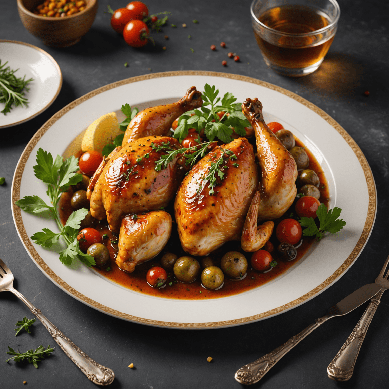 A delicious chicken dish with aromatic spices and herbs, served on a elegant plate