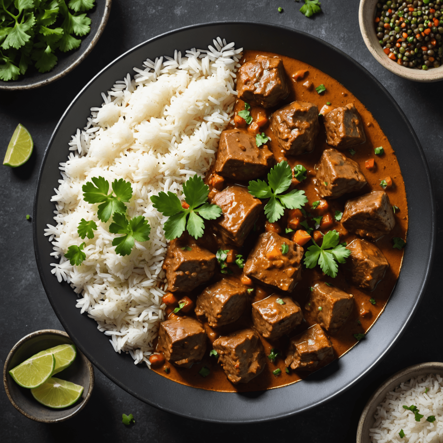 A plate of succulent mutton curry with aromatic spices and herbs, served with fluffy basmati rice and fresh coriander garnish