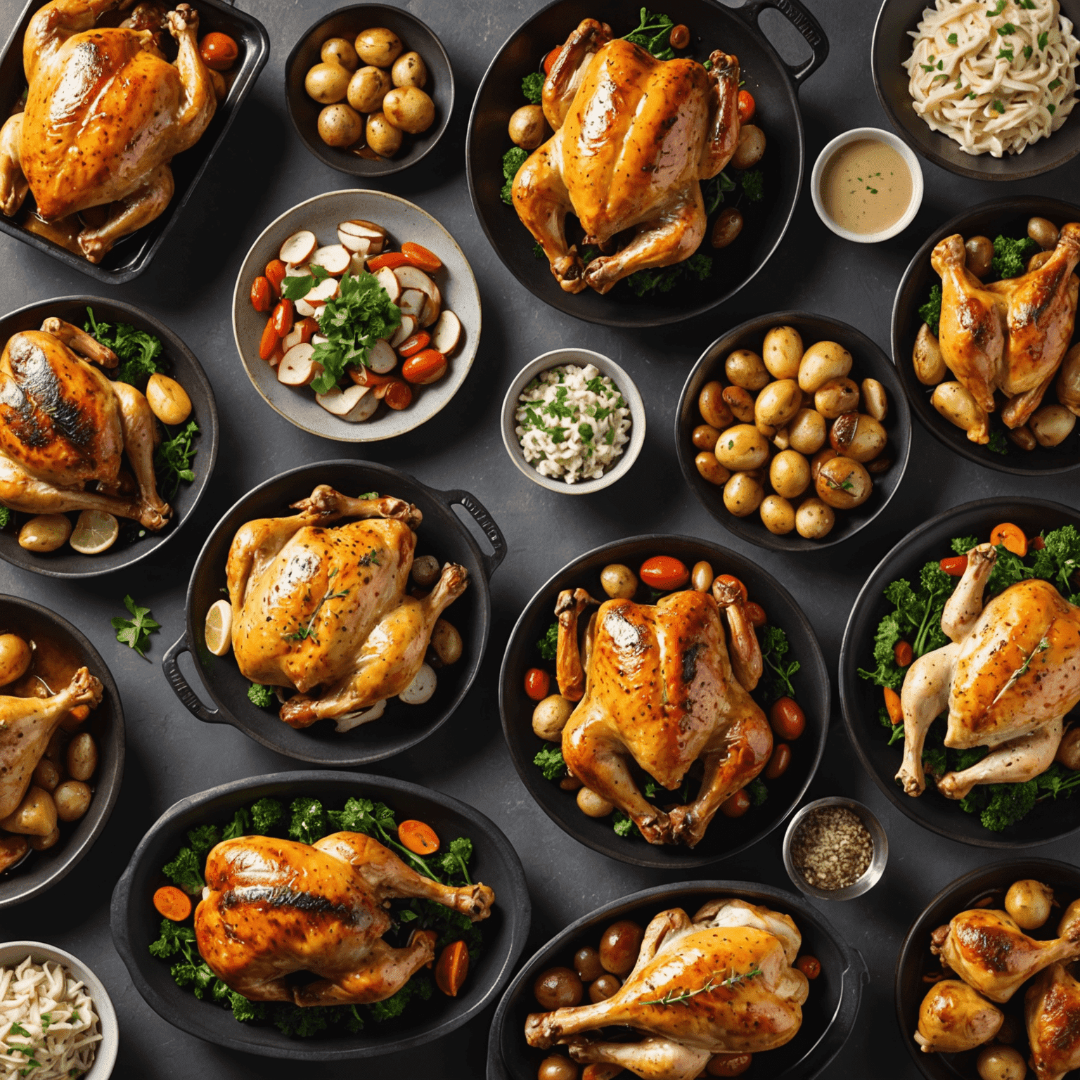 A showcase of premium chicken selections, featuring whole roasted chicken, chicken breast fillets, and marinated chicken drumsticks.