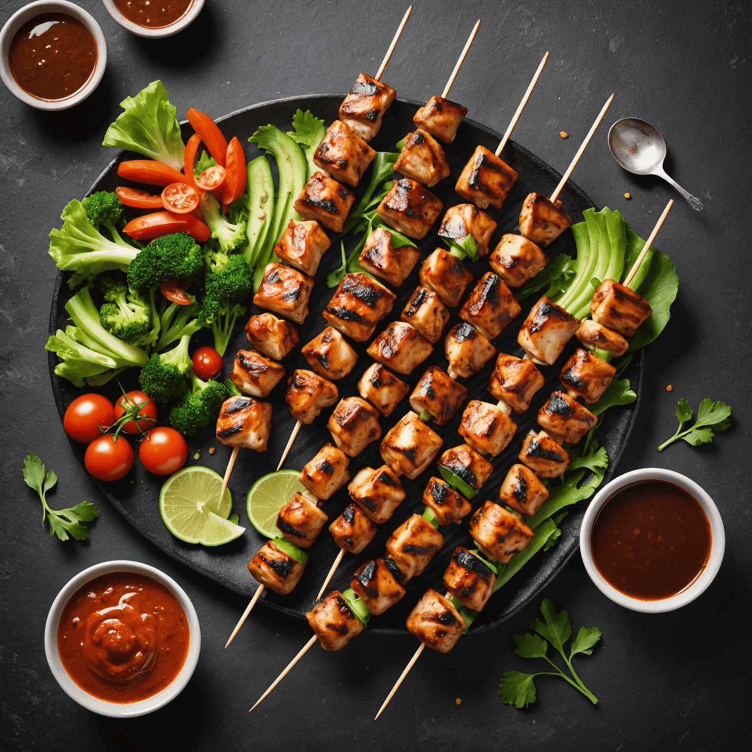 Juicy grilled chicken skewers seasoned with a blend of aromatic spices, served with a side of fresh vegetables and dipping sauce