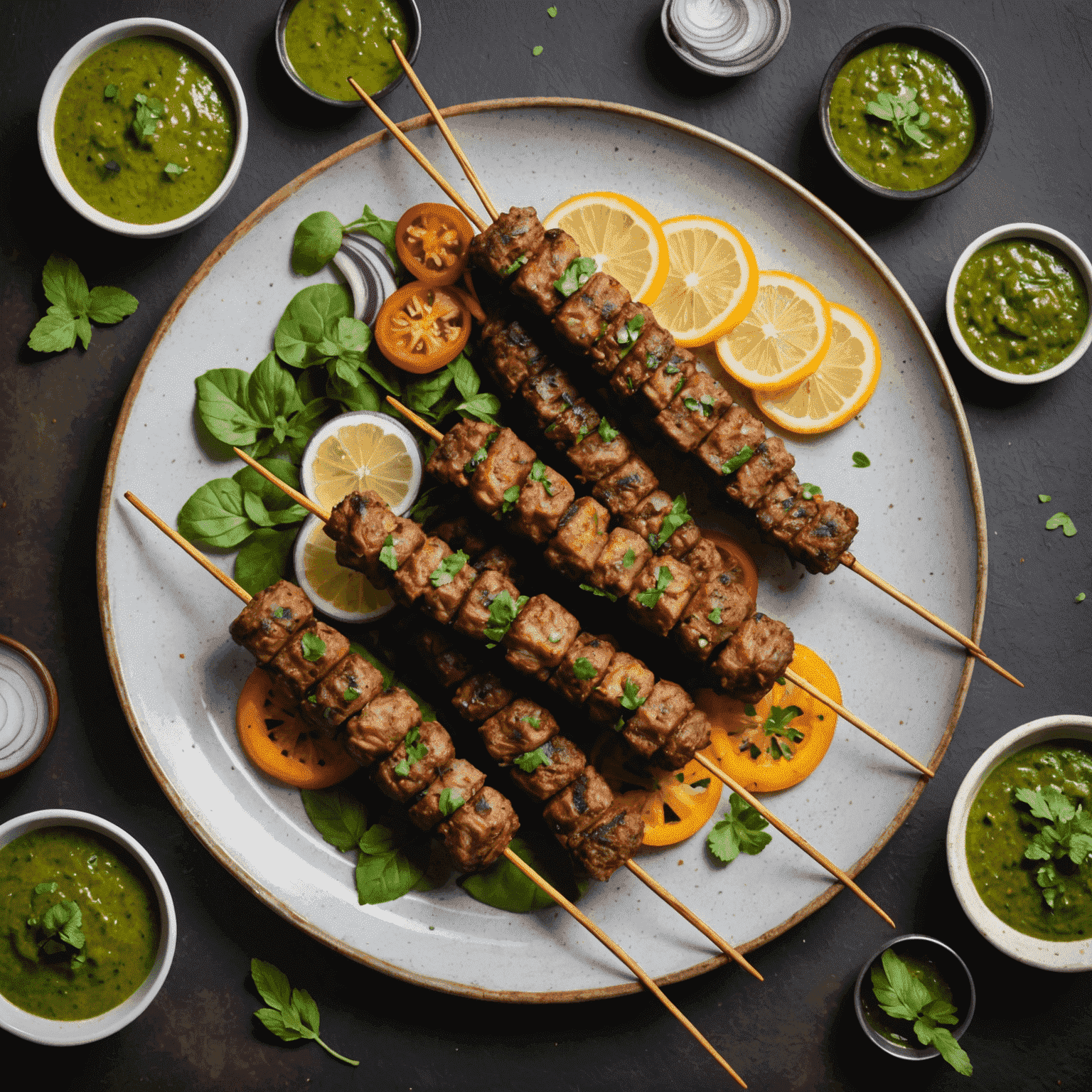 Mutton Seekh Kebabs - Skewered minced mutton kebabs infused with aromatic spices, grilled to perfection, and served with mint chutney and sliced onions