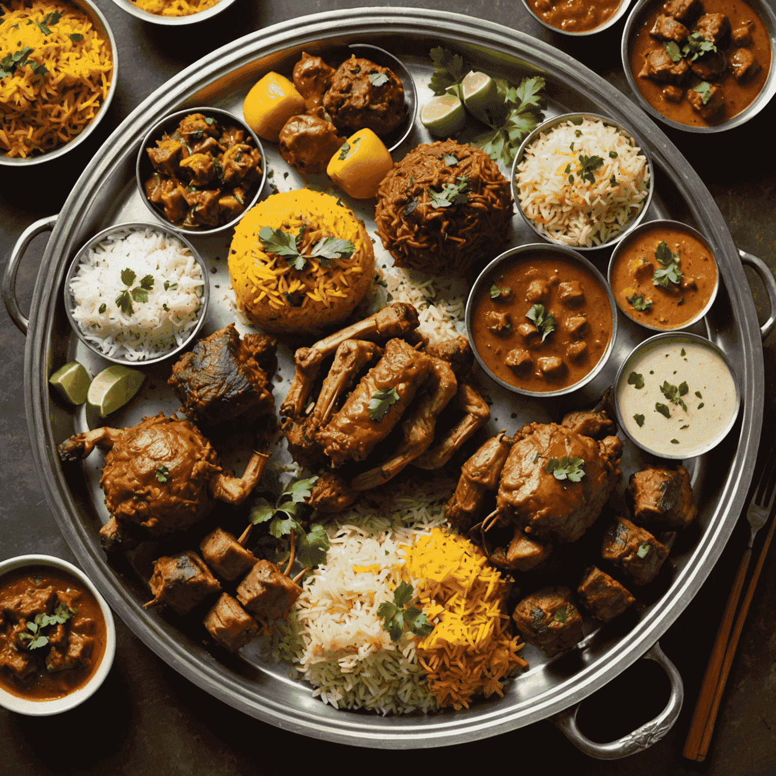 A tempting display of mutton delicacies, including mutton biryani, mutton rogan josh, and mutton seekh kebabs.