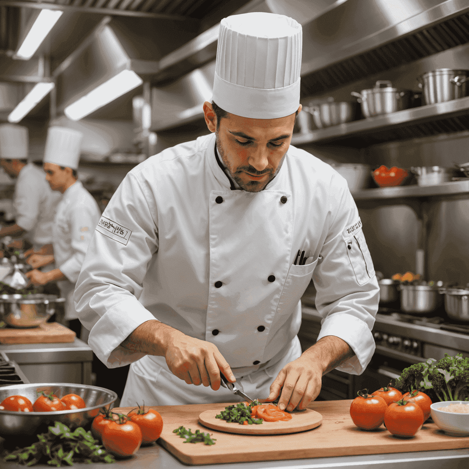 A chef meticulously preparing a dish with fresh, high-quality ingredients in a clean and hygienic kitchen environment